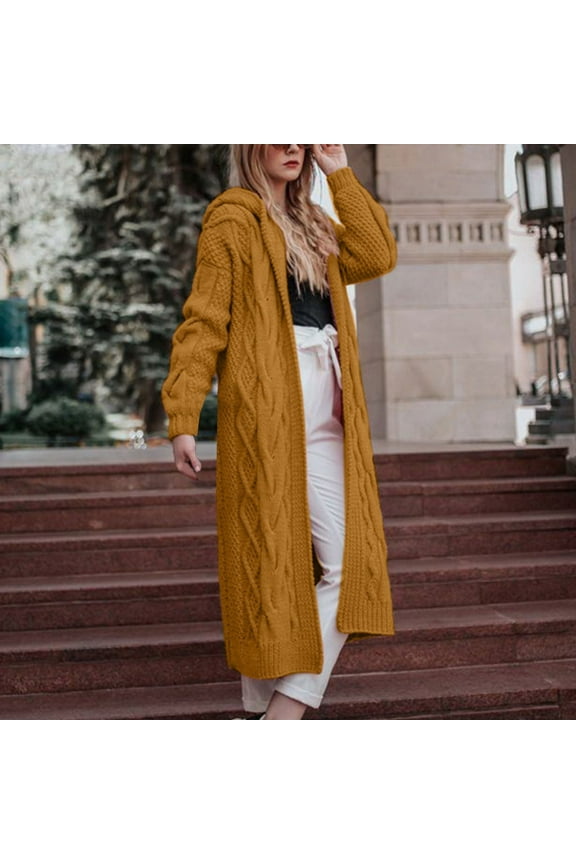 Women's Hooded Open Front Long Maxi Cardigans Cable Knit Sweaters Fall Winter Solid Long Sleeve Chunky Cardigan Sweater Coat S-5XL (Available in Plus Size)