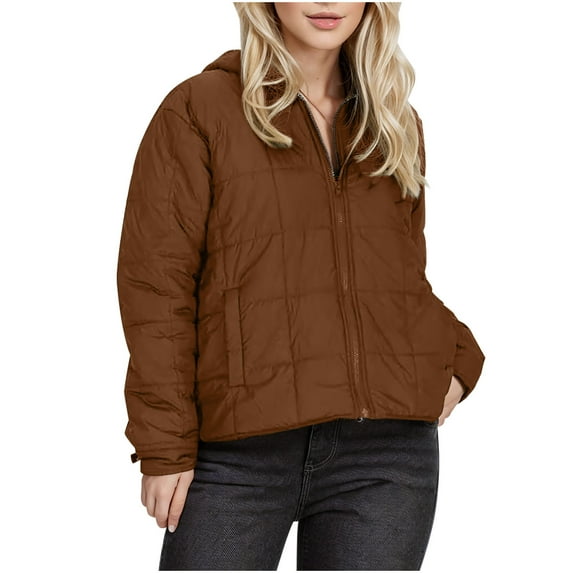 Njoeus Women's Hooded Quilted Down Jacket Full Zip Baggy Puffer Jacket Parka Lightweight Casual Padded Coat for Fall Winter Brown L