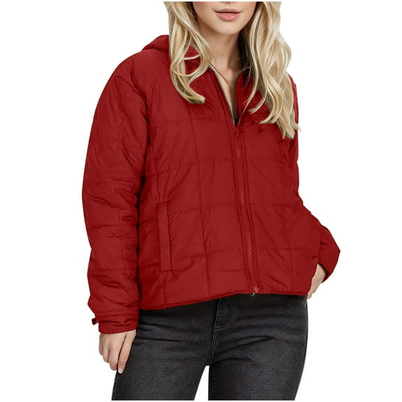 Njoeus Women's Hooded Quilted Down Jacket Full Zip Baggy Puffer Jacket Parka Lightweight Casual Padded Coat for Fall Winter Red XXL