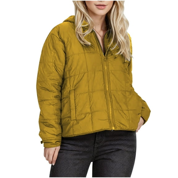 Njoeus Women's Hooded Quilted Down Jacket Full Zip Baggy Puffer Jacket Parka Lightweight Casual Padded Coat for Fall Winter Yellow XL