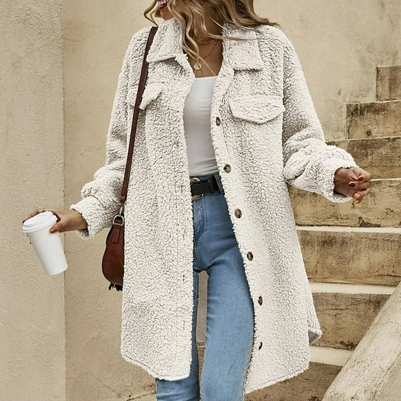Njoeus Women's Lapel Collar Open Front Long Fleeces Jacket Cardigan Button Sherpas Coat Warm Winter Outwear Jackets