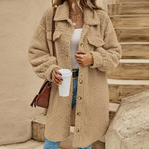 Njoeus Women's Lapel Collar Open Front Long Fleeces Jacket Cardigan Button Sherpas Coat Warm Winter Outwear Jackets
