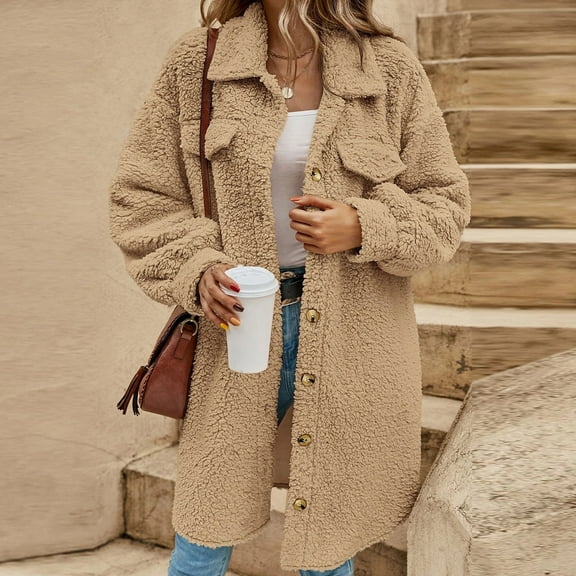 Njoeus Women's Lapel Collar Open Front Long Fleeces Jacket Cardigan Button Sherpas Coat Warm Winter Outwear Jackets