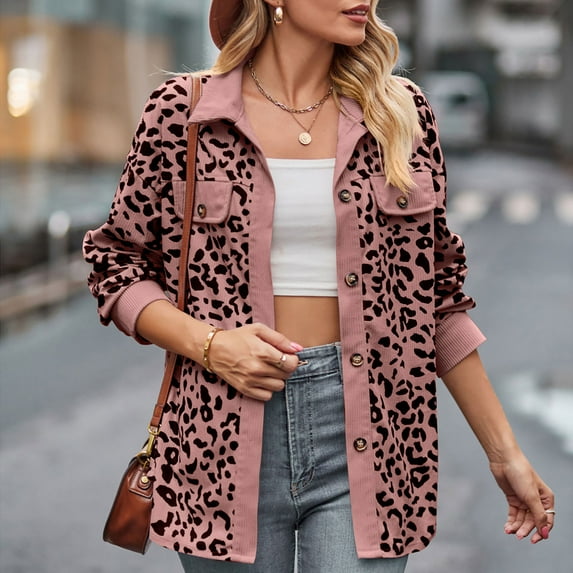 Njoeus Women's Leopard Print Corduroy Shirt Jacket Coat Casual Long Sleeve Shirts for Women Buttons Down Shacket Blouses Trendy Spring Fall Outfits Pink XL