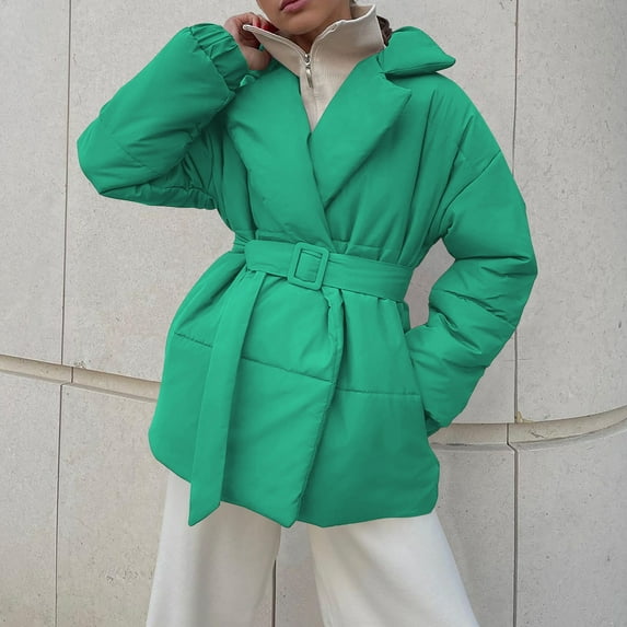 Njoeus Women's Long Quilted Down Jacket Casual Trendy Warm Padded Winter Coats for Women Lightweight Puffer Jacket Parka with Belt Green M