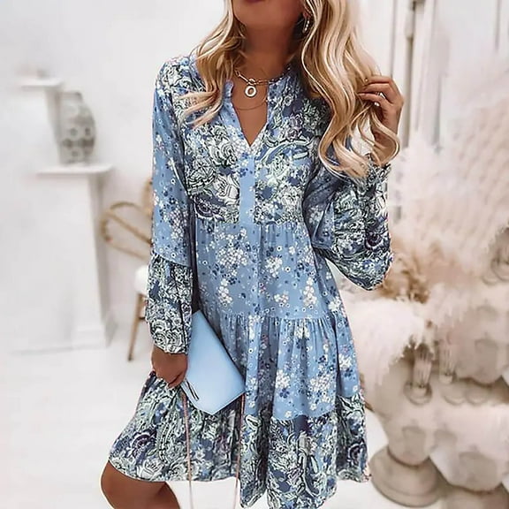 Njoeus Women's Long Sleeve Floral Print Retro V Neck Bohemian Short Midi Dresses Loose Casual Flowy Spring Fall Mini Dress