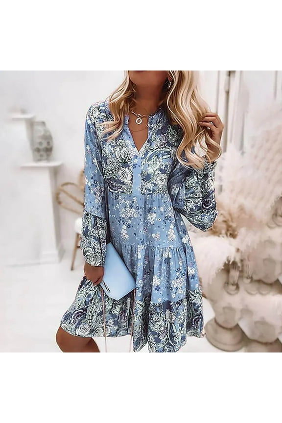 Women's Long Sleeve Floral Print Retro V Neck Bohemian Short Midi Dresses Loose Casual Flowy Spring Fall Mini Dress