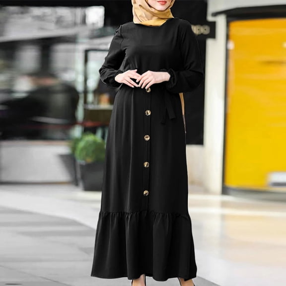 Njoeus Women's Long Sleeve Maxi Dress Crewneck Loose Plain Casual Tie Waist Flowy Ruffle Fall Long Dresses with Buttons
