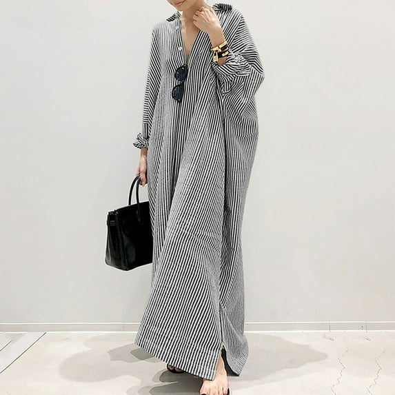 Njoeus Women's Long Sleeve Striped Shirt Dress Cotton Buttons Down Casual Loose Maxi Dresses