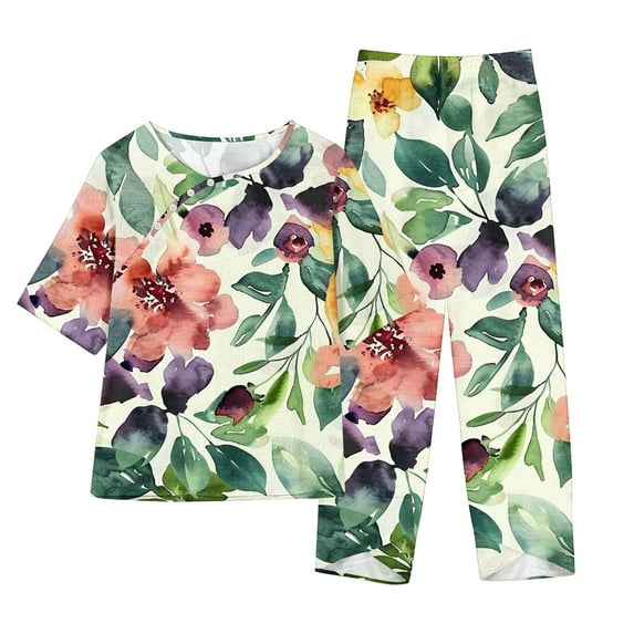 Njoeus Women's Pajama Set Short Sleeve Shirt and Capris Pants Sleepwear Pjs Sets Soft Sleepwear Floral Print Linen Lounge Set S-4XL Plus Size On Clearance