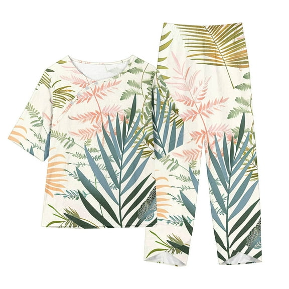 Aueoeo Women's Pajama Set Short Sleeve Shirt and Capris Pants Sleepwear Pjs Sets Soft Sleepwear Floral Print Linen Lounge Set S-4XL Plus Size On