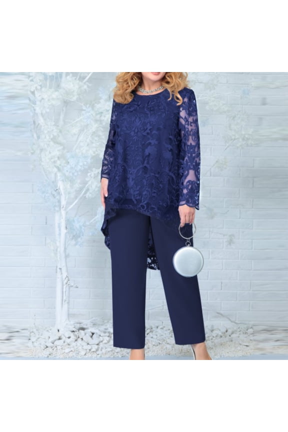 Women's Plus Size 2 Piece Outfits Lace Long Sleeve Irregular Hem Tunic Tops & Wide Leg Pants Set Dressy Formal Evening