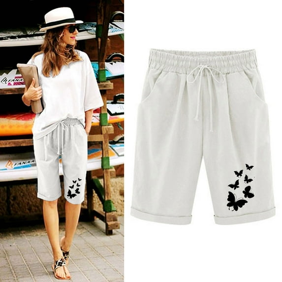 Njoeus Women's Plus Size Bermuda Short, Casual Printed Cotton Linen Shorts Lounge Elastic Waist for Women Knee Length Summer Clothes S-5XL