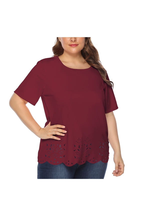 Women's Plus Size Tops Summer Short Sleeve T-Shirts Hollow Hem Dressy Blouse Women Casual Round Neck Tunic Tops L-4XL