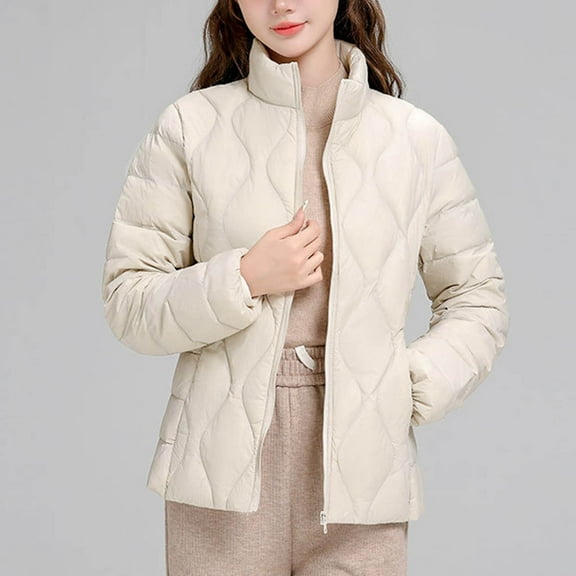 Njoeus Women's Quilted Jacket Casual Padded Zip Up Stand Collar Puffer Jacket for Women Lightweight Long Sleeve Down Jacket Coat for Fall Winter (Available in Plus Size) Beige L