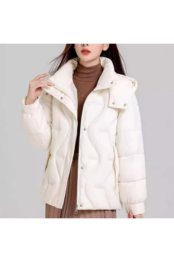 Women's Quilted Down Jacket Hooded Winter Warm Puffer Coat for Women Comfy Thicken Parka with Hood & Stand Collar (Available in Plus Size) White XL