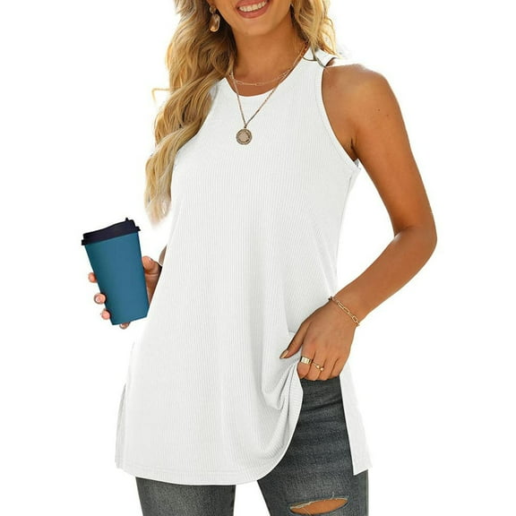 Njoeus Women's Ribbed Tank Tops, Women Shirts, Women’s Summer Sleeveless T-Shirts, Women’s Tanks, Loose Casual Tunic Tops for Women, Side Split S-XXL