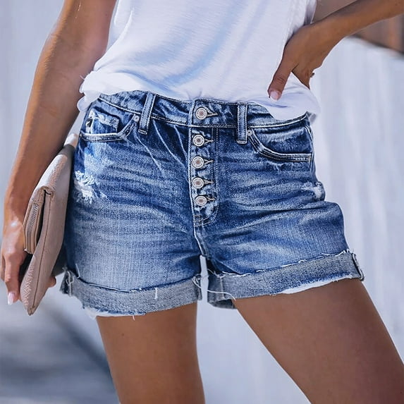 Njoeus Women's Ripped Biker Jeans Shorts, Women Distressed High Waist Denim Shorts Pockets Frayed Folded Hem Hot Short Jeans for Women Summer Casual