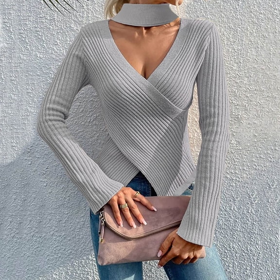 Njoeus Women's Sexy Ribbed Knit V-Neck Sweater Casual Soft Turtleneck Slim Fitted Basic Tee-Shirt Comfy Long Sleeve Pullover Tee Tops S-XL