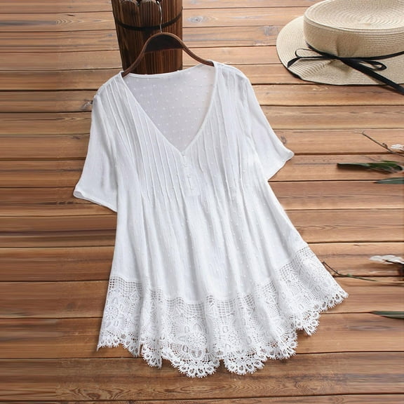 Njoeus Women's Short Sleeve Boho Shirts Hollow Out Floral Embroidered Hem Peasant Tops Summer Tops Casual Dressy Blouses for Women 2024 S-XXL