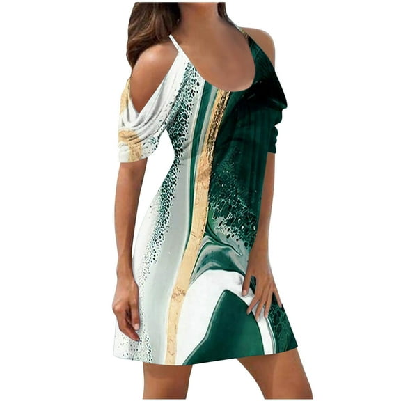 Njoeus Women's Short Sleeve Cold Shoulder Tunic Dress Spaghetti Strap Summer Dresses for Women Loose Flowy T-Shirt Dress Casual Beach Cover Up Sundress S-3XL