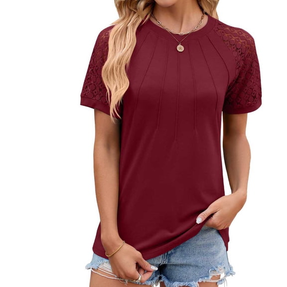 Njoeus Women's Short Sleeve Lace Tops Round Neck T Shirts Summer Tunic Tops Casual Basic Tee Shirts Elegant Loose Blouse S-XXL