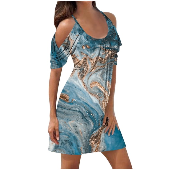 Njoeus Women's Spaghetti Strap Summer Cold Shoulder Sundress Casual Printed Beach Cover Up Dress Short Sleeve Flowy Dresses S-3XL