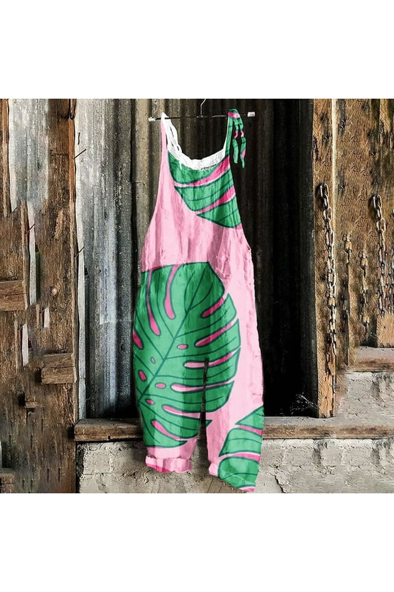 Women's Spaghetti Strap Wide Leg Jumpsuits Tropical Print Romper Loose Casual Sleeveless Rompers Summer Outfits with Pockets S-XXL