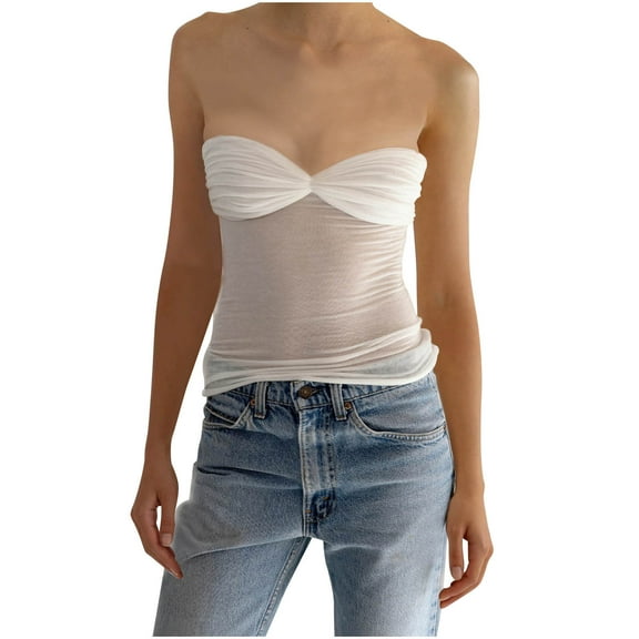 Njoeus Women's Strapless Tube Top Sexy Mesh Transparent Tank Tops Sleeveless Camisole Women Clothes