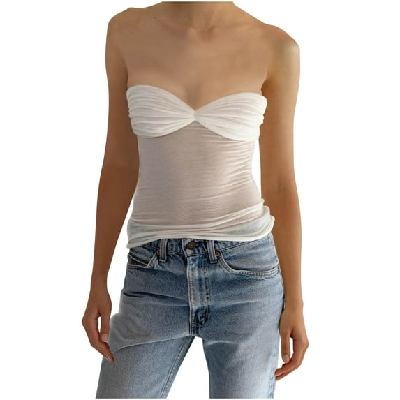 Njoeus Women's Strapless Tube Top Sexy Mesh Transparent Tank Tops Sleeveless Camisole Women Clothes