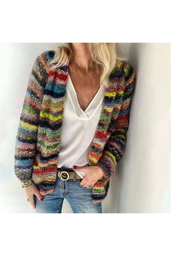 Women's Striped Open Front Cardigan Sweaters Long Sleeve Soft Knit Cardigan Jacket Casual Outwear Tops with Pocket S-3XL