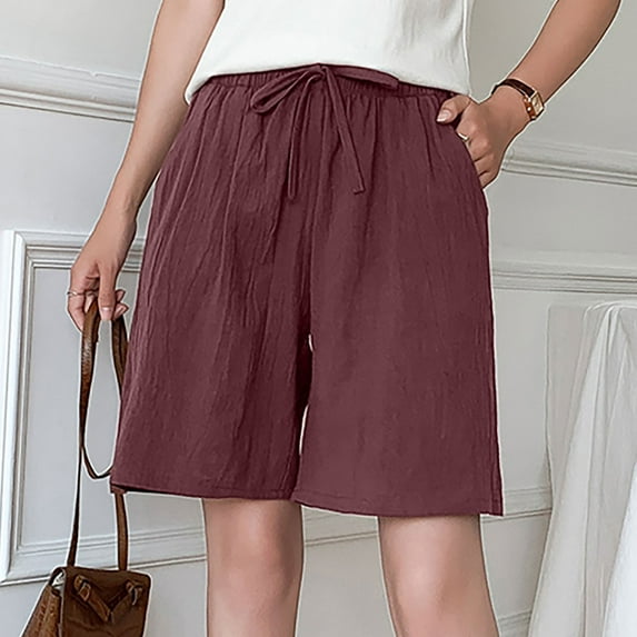 Njoeus Women's Summer Bermuda Shorts, Women Casual Elastic High Waist Cotton Linen Shorts with Pockets and Drawstring M-3XL
