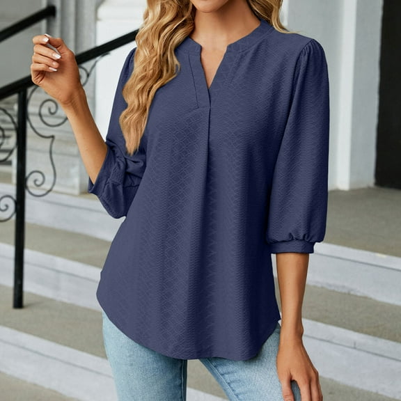 Njoeus Women's Summer Plain 3/4 Sleeve V-Neck T-Shirt Work Office Casual Dressy Blouses Solid Tops Loose Tunic Shirts S-XXL