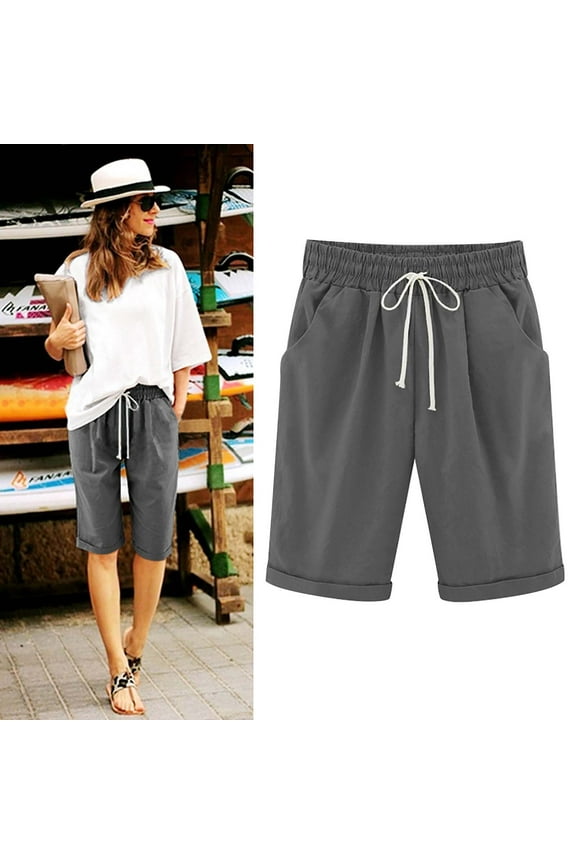 Women's Summer Plus Size Shorts, Womens Knee Length Drawstring Pockets Casual Cotton Linen Short Pants Bermuda Shorts for Women S-5XL