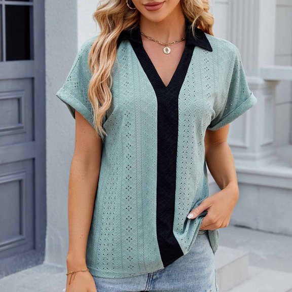 Njoeus Women's Summer Short Sleeve Tops and Blouses Work Business Casual Collared V-Neck Tunic Shirt Loose Eyelet Tee Shirts S-XXL