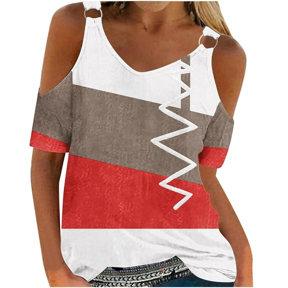 Njoeus Women's Summer T Shirts Off The Shoulder Tops Casual V Neck Tshirt Short Sleeve Tunic Tops Color Block Loose Blouses S-3XL
