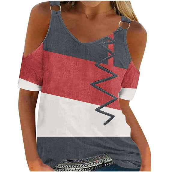 Njoeus Women's Summer T Shirts Off The Shoulder Tops Casual V Neck Tshirt Short Sleeve Tunic Tops Color Block Loose Blouses S-3XL
