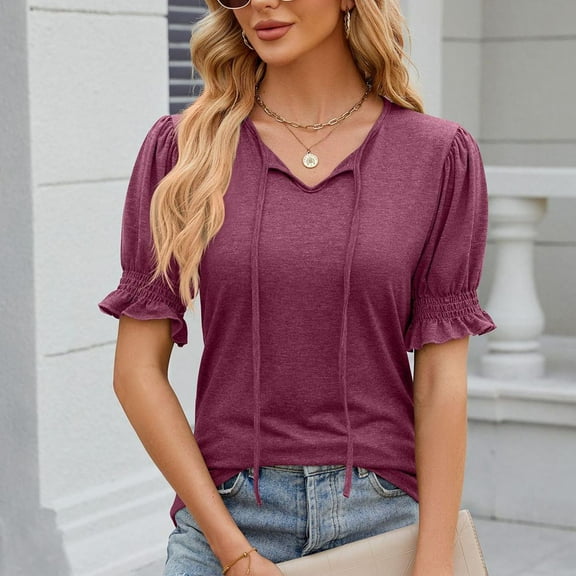 Njoeus Women's Summer Tops Casual Tie V Neck Ruffle Short Sleeve T-Shirts Loose Blouses Solid Basic Tee Cute Tunic Tops S-XXL