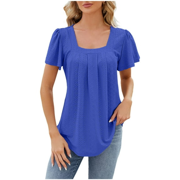 Njoeus Women's Summer Tops Eyelet Casual Dressy Wide Neck Blouses Short Sleeve T-Shirts Loose Pleated Tunic Tops S-XXL
