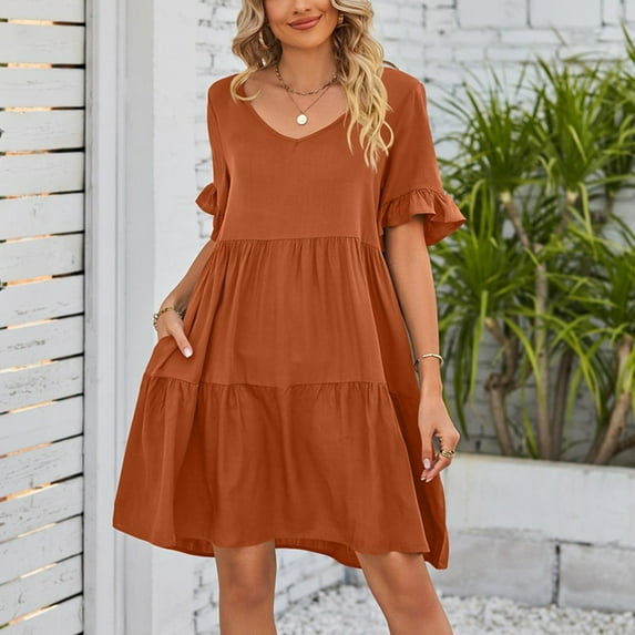 Njoeus Women's Summer Tunic Dress Casual Flowy Mini Dresses Loose Ruffle Short Sleeve V Neck Sundress S-XXL