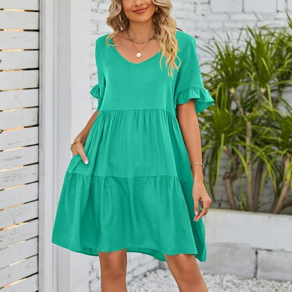 Njoeus Women's Summer Tunic Dress Casual Flowy Mini Dresses Loose Ruffle Short Sleeve V Neck Sundress S-XXL