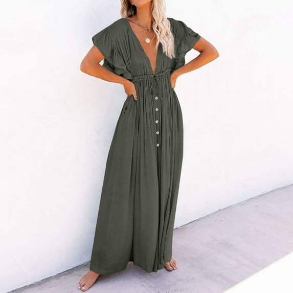 Njoeus Women's Summer V-Neck Beach Cover Up Kimonos Cardigan Button Drawstring Bathing Suit Coverup Long Maxi Dresses Sun Protection Swimsuit Cover Ups Shirt Dress