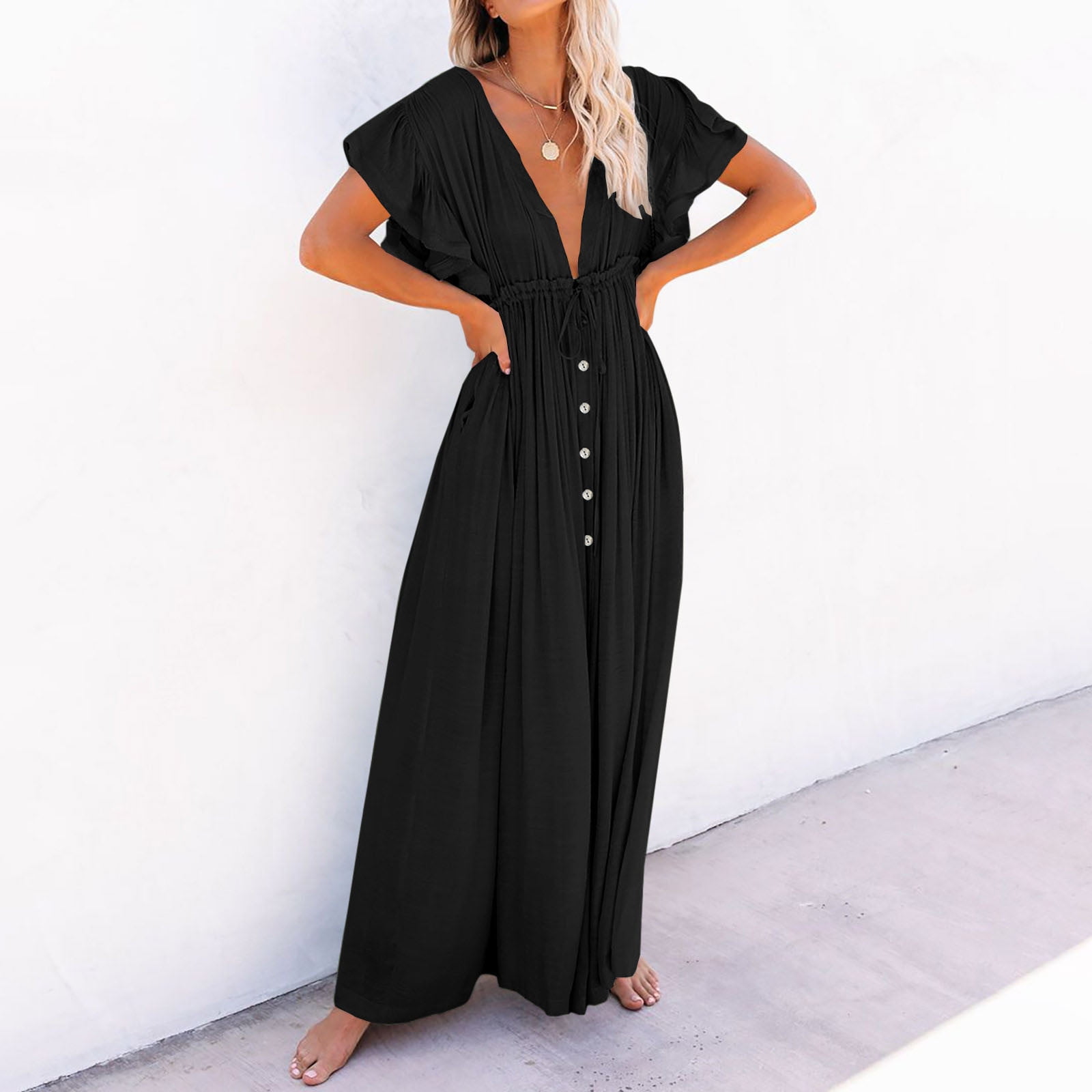 Sheer Black V-neck Beach Cover-up Dress With A Drawstring Waist