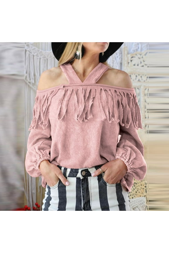 Aueoeo Women's Sweatshirts, Women Sexy Fringe Off Shoulder Shirt Blouse Casual Women's Long Sleeve Halter Tunic Tops
