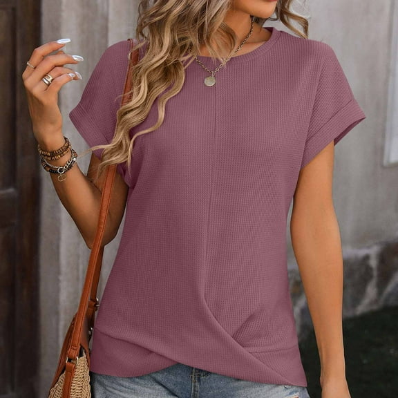 Njoeus Women's T Shirts Short Sleeve Summer Tops Loose Casual Round Neck Tunic Tops Knit Crisscross Front Tee Blouse S-XXL
