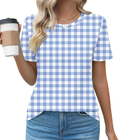 Njoeus Women's Top Women's Plaid Printed Shirt Business Casual Shirt Cotton Short Sleeve Work Top Summer Round Neck Shirt