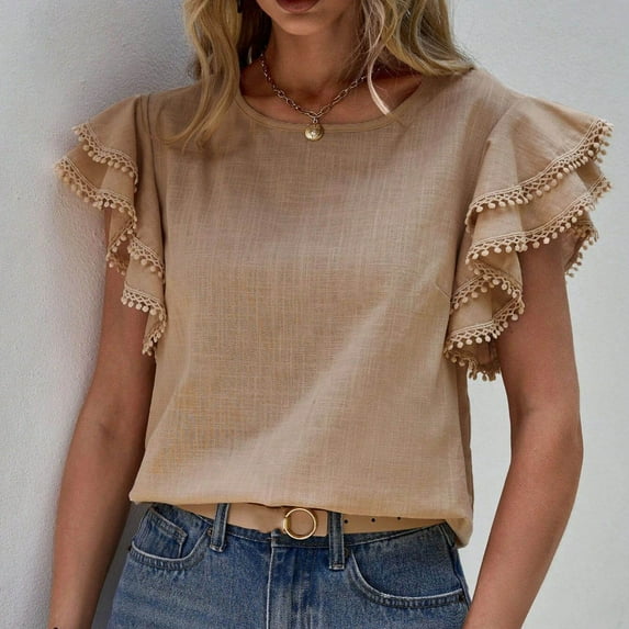 Njoeus Women's Tops Summer Casual Ruffle Short Sleeve Shirts Lightweight Tee Dressy Blouse Round Neck Tunic Tops for Women 2024 S-XXL