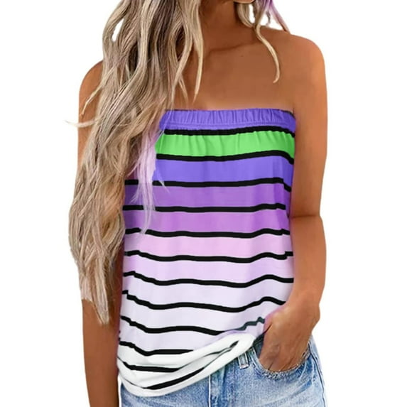 Njoeus Women's Tube Tops Summer Casual Bandeau Tank Top for Women Striped Casual Strapless Blouse Off The Shoulder Tunic Tops Shirts S-XXL