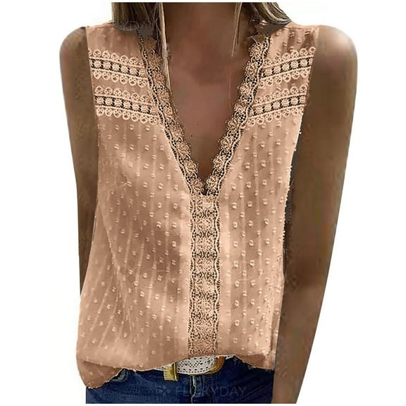 Njoeus Women's V Neck Lace Crochet Tunic Tops Flowy Sleeveless Vest Camisole Casual Blouses Shirts S-XXL