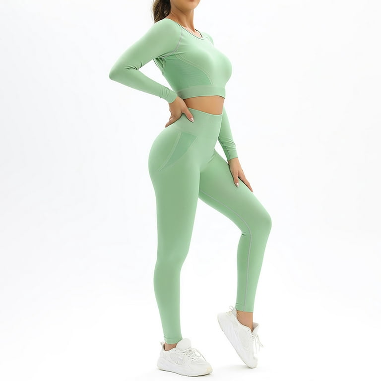 Njoeus Women's Workout Outfit 2 Piece Seamless High Waist Yoga Leggings  with Long Sleeve Backless Crop Top Gym Jogger Running Clothes Set